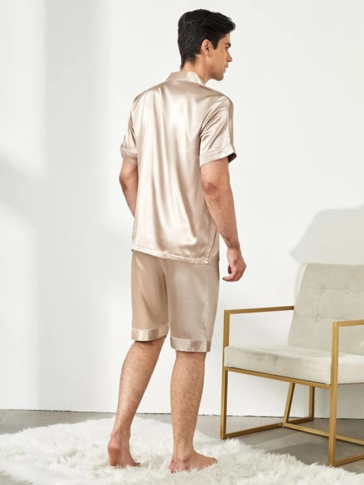 Crystal City Men's Satin Slogan Embroidery Lapel Neck Sleepwear Shirt & Short Set